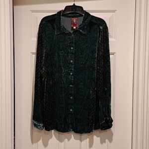 Johnny Was Green Velvet Multi-Pattern Button Up Shirt Long Sleeve Blouse Size L